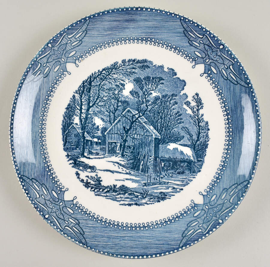 Currier and Ives Blue 11" Chop Plate (Round Platter) by Nelson McCoy-1