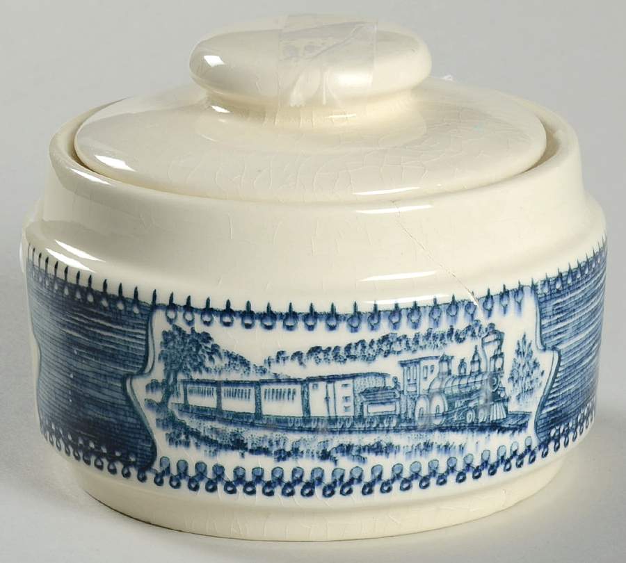 Currier and Ives Blue Sugar Bowl & Lid by Nelson McCoy-1