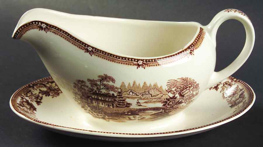 Tonquin Brown Gravy Boat with Attached Underplate by Alfred Meakin-1