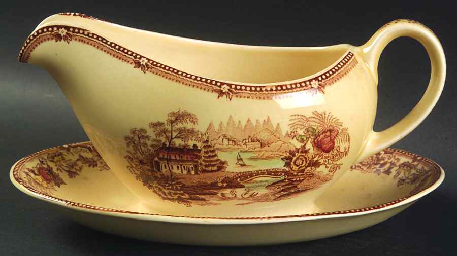 Tonquin Brown Multicolor Gravy Boat with Attached Underplate by Alfred Meakin-1