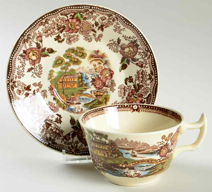 Tonquin Brown Multicolor Flat Cup & Saucer Set by Alfred Meakin-1