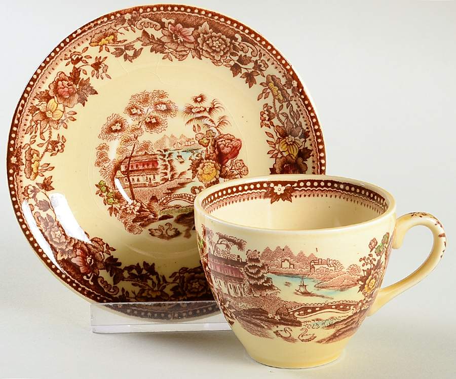Tonquin Brown Multicolor Flat Demitasse Cup & Saucer Set by Alfred Meakin-1