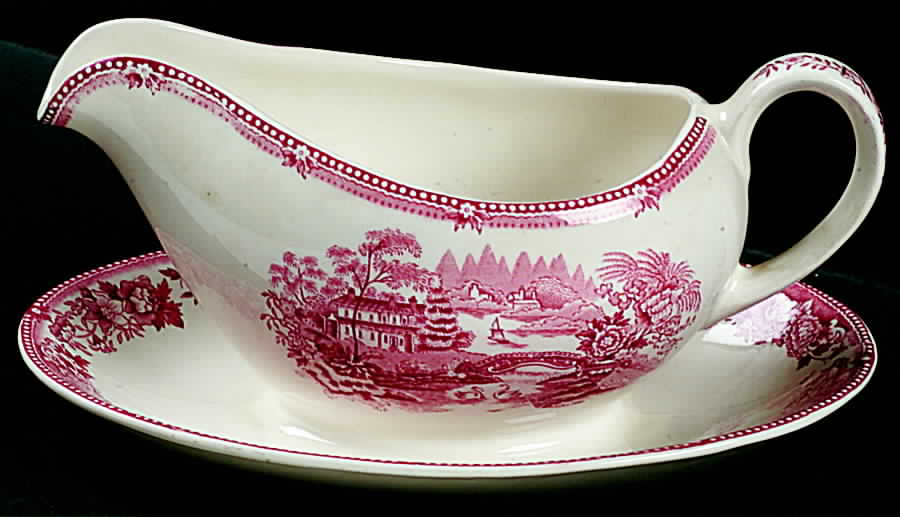 Tonquin Pink Gravy Boat with Attached Underplate by Alfred Meakin-1