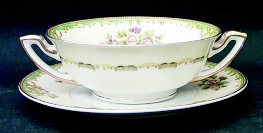 Paris Green Footed Cream Soup Bowl & Saucer Set by Meito-1