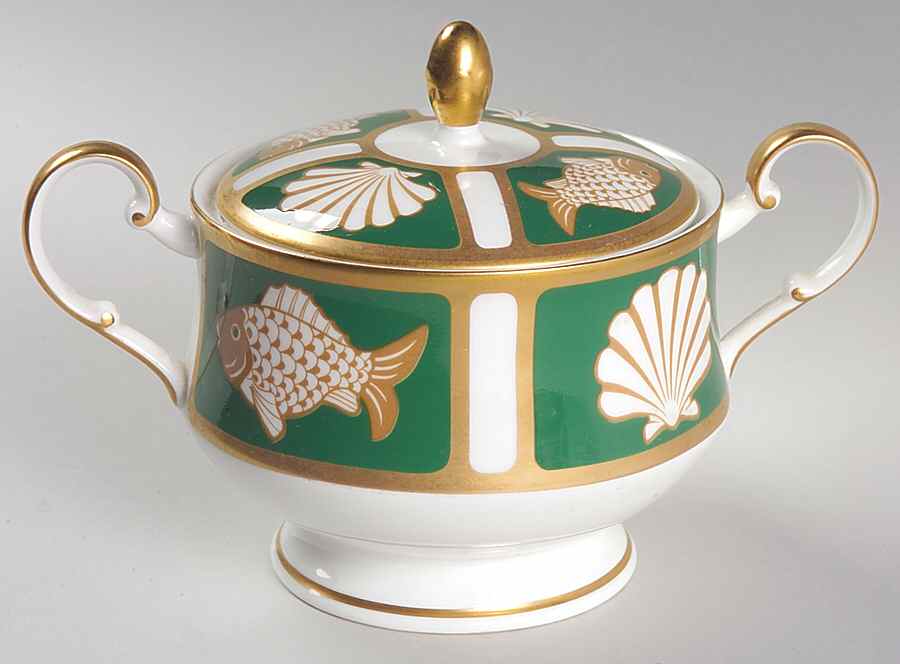 Fish and Shell Green (Narumi) Sugar Bowl & Lid by Mikasa-1