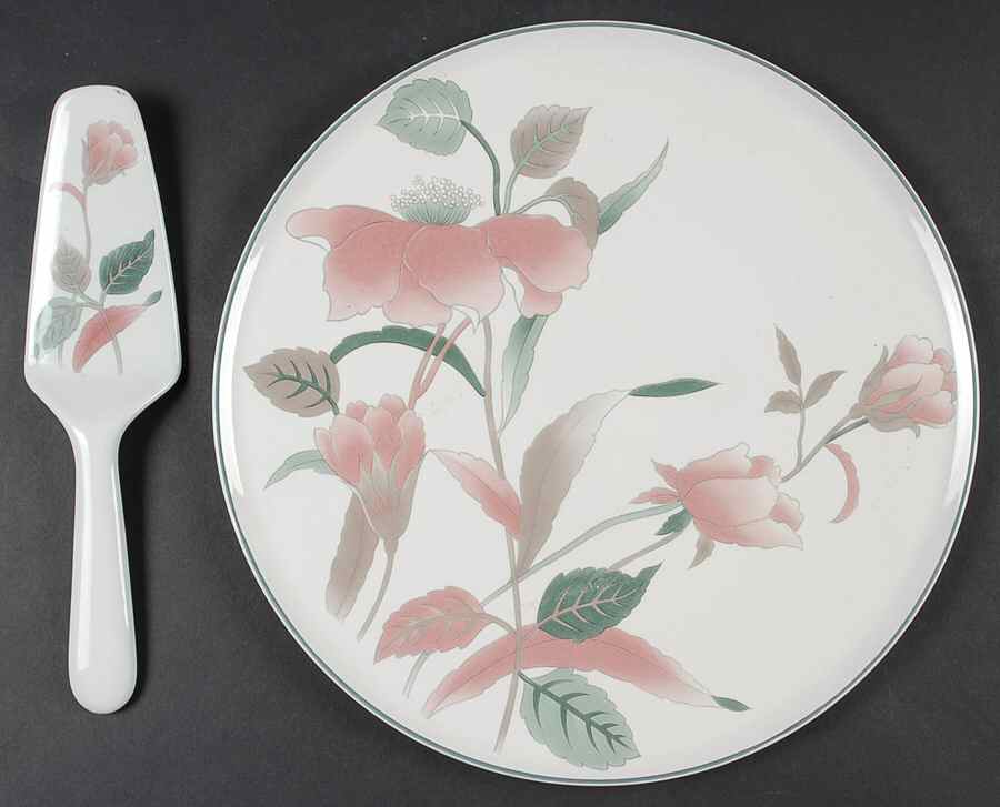 Silk Flowers Cake Plate & Solid Ceramic Server Set (No Box) by Mikasa-1