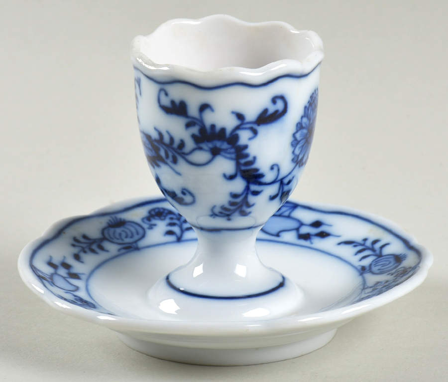 Blue Onion (Oval Backstamp) Egg Cup with Attached Underplate by Meissen (Germany)-1