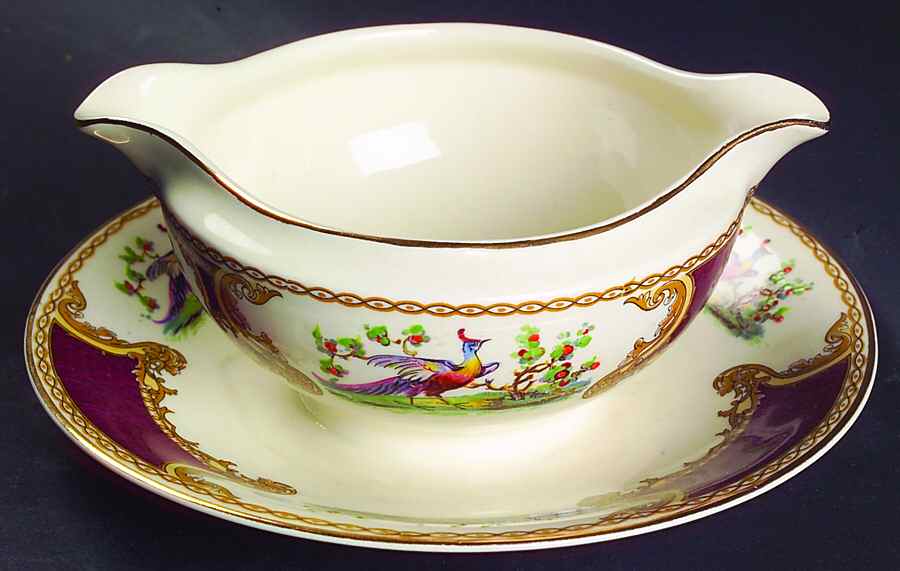 Chelsea Bird Red Round Gravy Boat/Attached Underplate by Myott Staffordshire-1