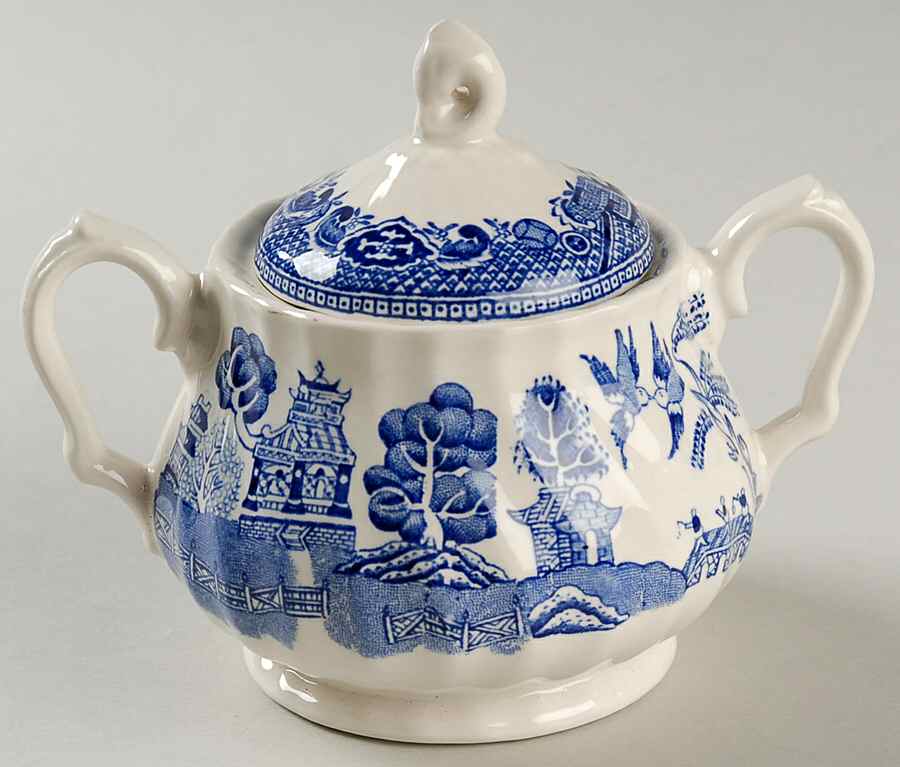 Old Willow Blue Sugar Bowl & Lid by Myott Staffordshire-1
