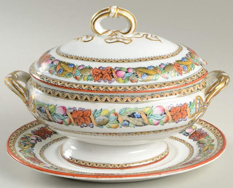 Italian Fruit Border Sauce Boat & Lid with Underplate by Minton-1
