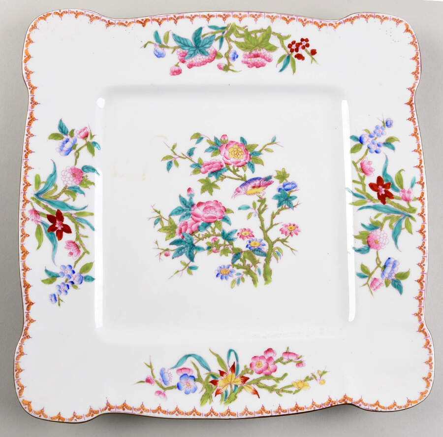Cuckoo (Scalloped, White, Globe Backstamp) 12" Square Cake Plate by Minton-1
