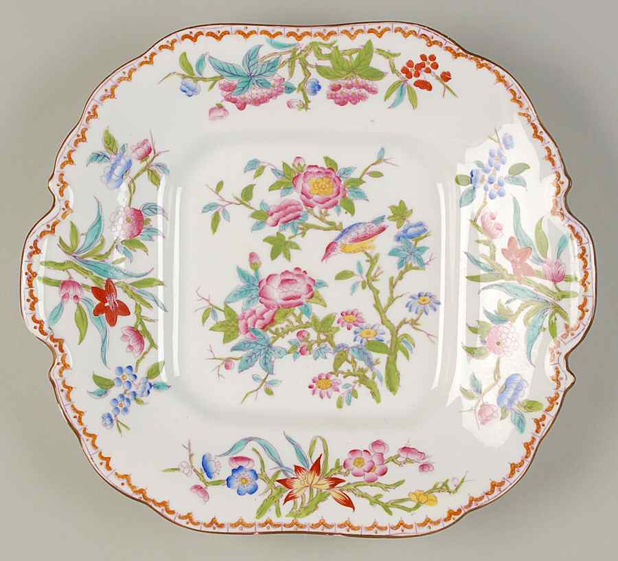 Cuckoo (Scalloped, White, Globe Backstamp) Square Handled Cake Plate by Minton-1
