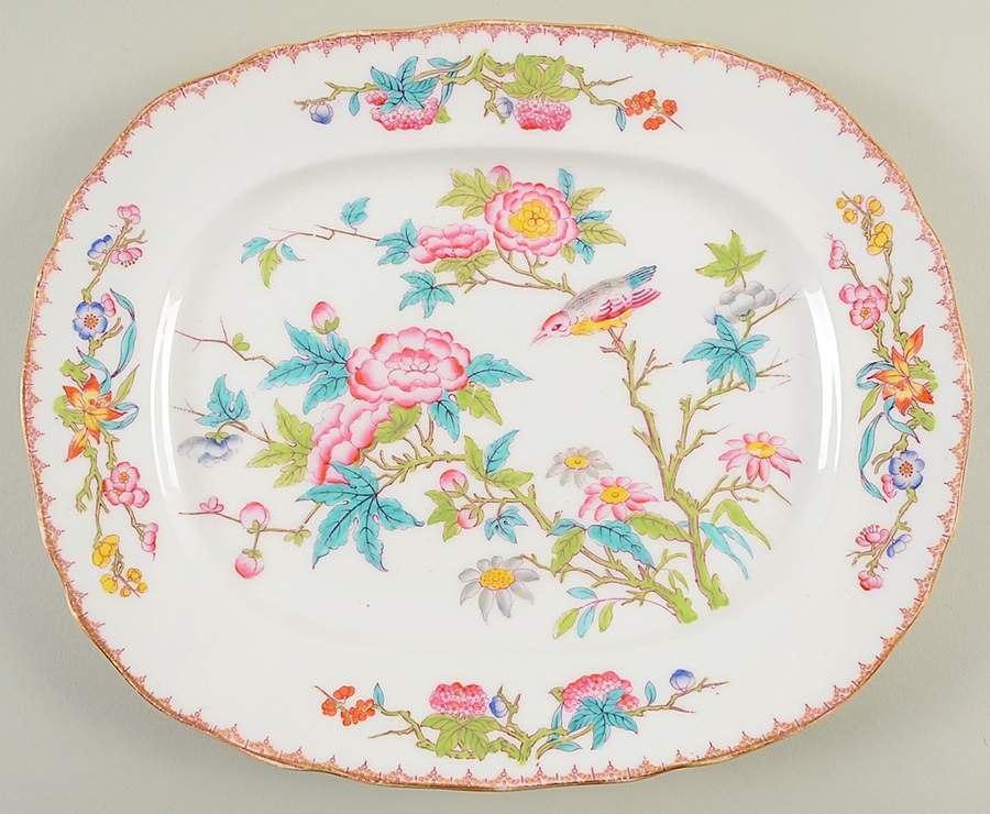 Cuckoo (Scalloped, White, Globe Backstamp) 10" Oval Serving Platter by Minton-1