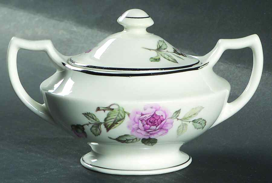 Venetian Rose (Smooth, Platinum Trim) Sugar Bowl & Lid by Manor House (USA)-1