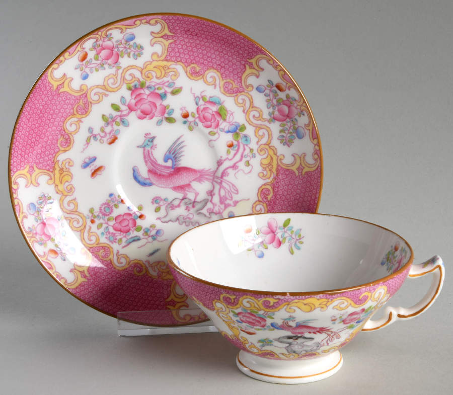 Cockatrice Pink (Smooth, Globe Backstamp) Footed Cup & Saucer Set by Minton-1