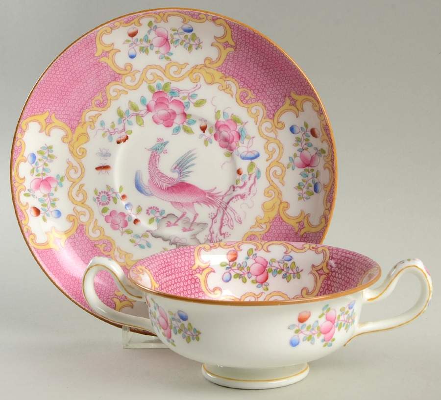 Cockatrice Pink (Smooth, Globe Backstamp) Footed Cream Soup Bowl & Saucer Set by Minton-1