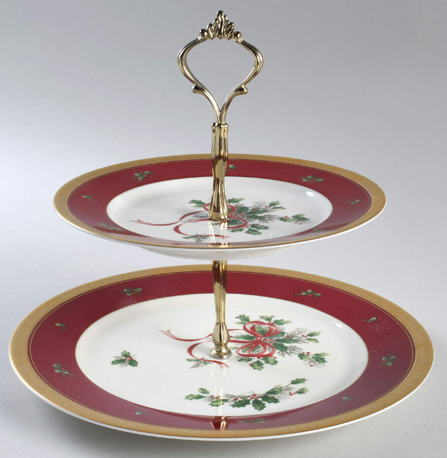 Palatial Holly Gold 2 Tiered Serving Tray (Dinner & Salad Plate) by Mikasa-1