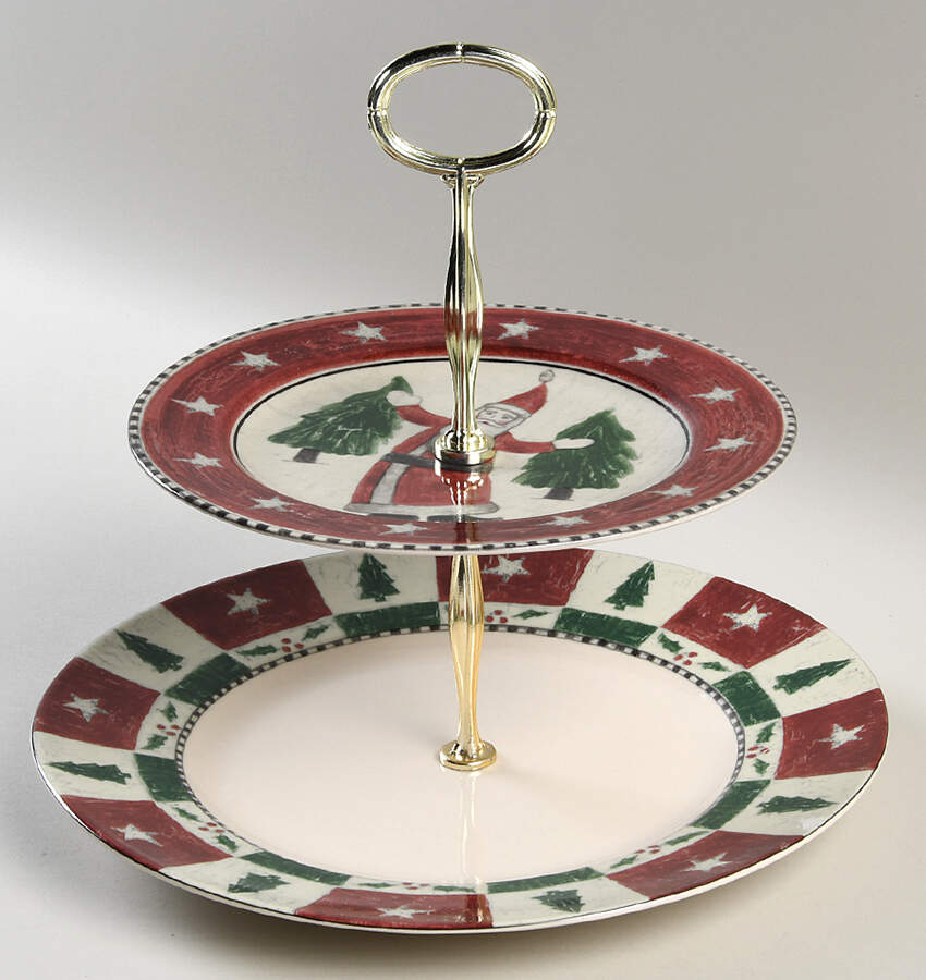Folk Art Santa 6 5/8"-10"  2 Tiered Serving Tray (Dp, Sp) HC by Marketplace-1