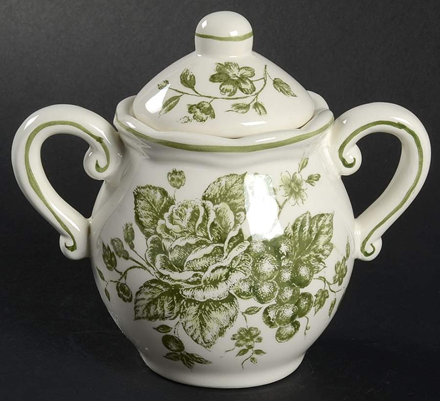 Green and White Toile Sugar Bowl & Lid by Maxcera Corp-1