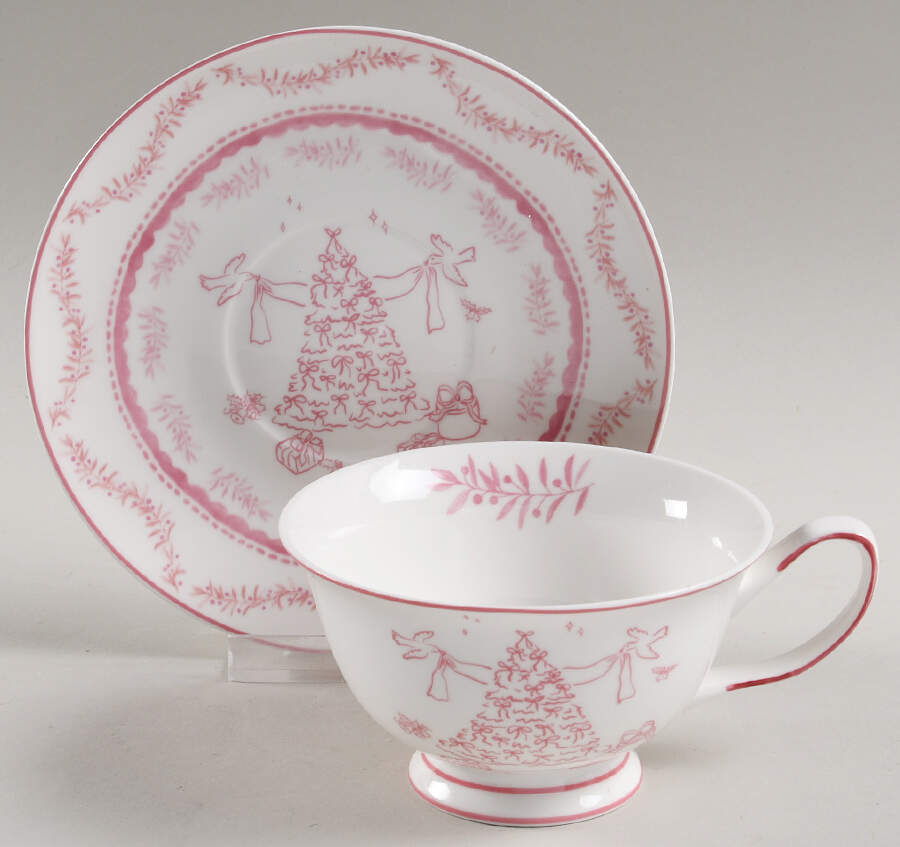 Pink Christmas Dove Tree Footed Cup & Saucer Set by Monterey Bay-1