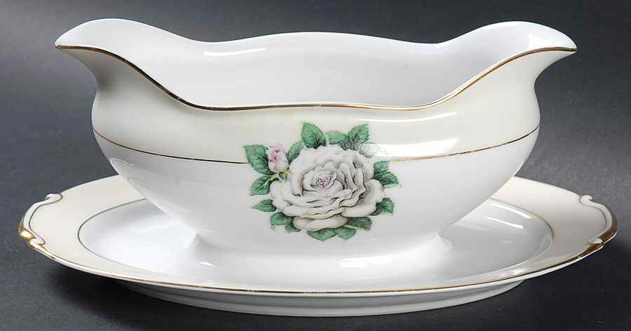 White Rose Gravy Boat with Attached Underplate by Narumi-1