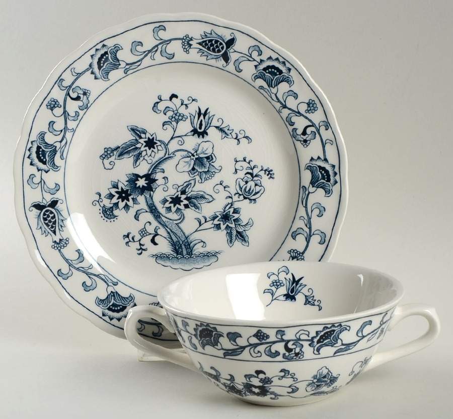 Ming Tree Blue (Double Phoenix Backstamp) Flat Cream Soup Bowl & Saucer Set by Nikko-1