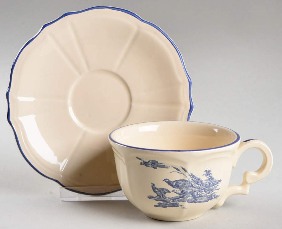 Delices des Quatre Saisons Blue Flat Cup & Saucer Set by Niderviller (France)-1