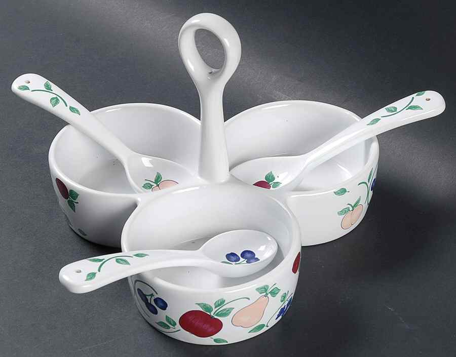 Orchard Medley 3pt Condiment Server W/Ctr Handle & 3 Spoons by Princess House-1