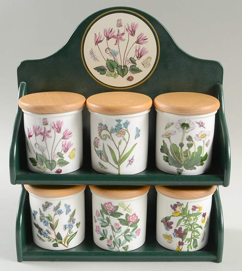 Botanic Garden Spice Jar Set with 6 Jars & Wood Rack by Portmeirion-1