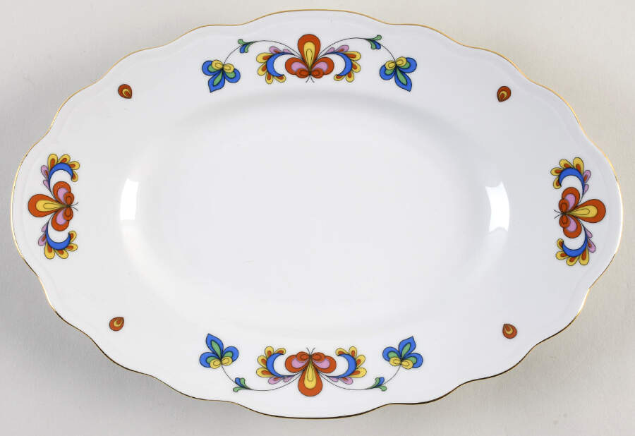 Farmer's Rose (Scalloped, Gold Trim) 11" Oval Serving Platter by Porsgrund-1