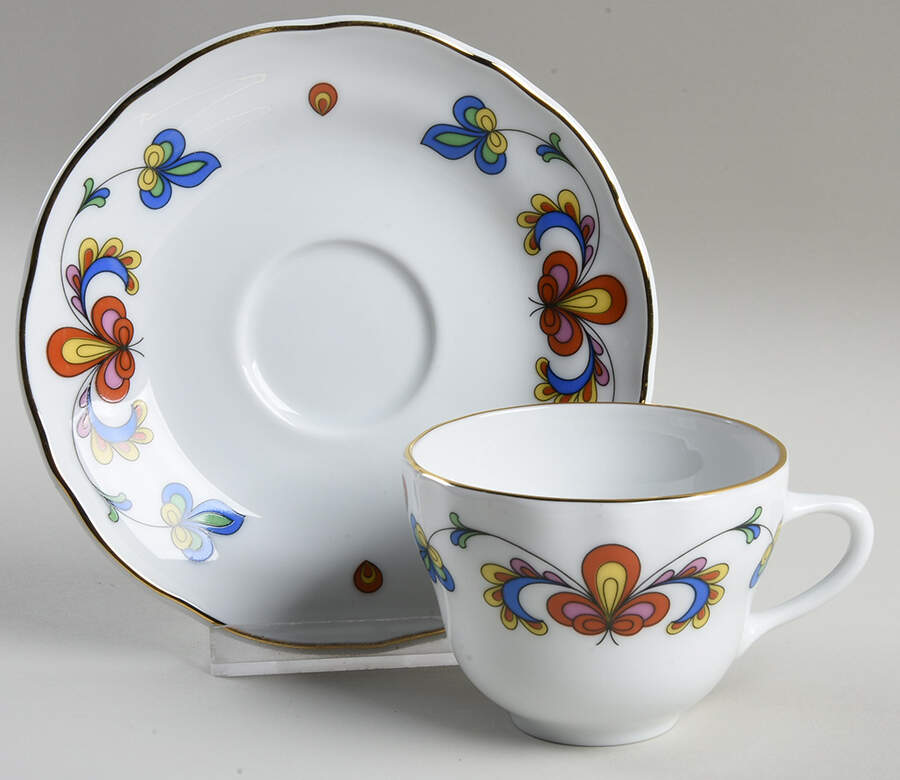 Farmer's Rose (Scalloped, Gold Trim) Flat Demitasse Cup & Saucer Set by Porsgrund-1