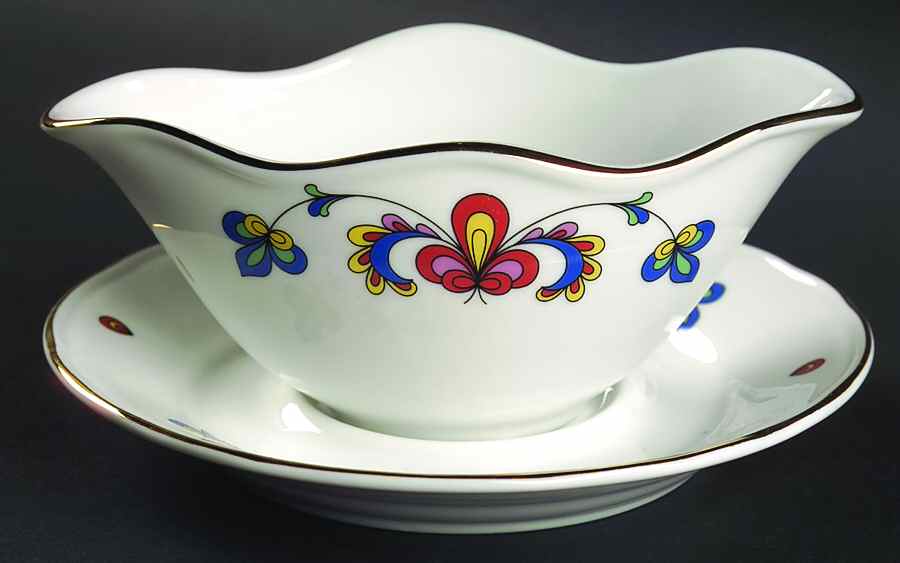 Farmer's Rose (Scalloped, Gold Trim) Gravy Boat & Underplate by Porsgrund-1