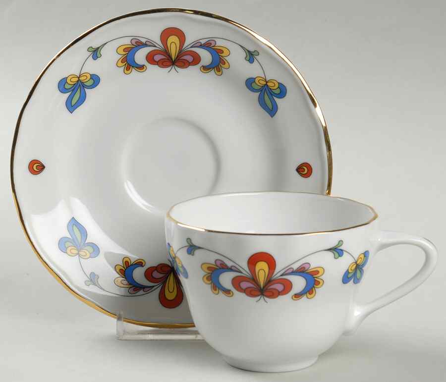 Farmer's Rose (Scalloped, Gold Trim) Flat Cup & Saucer Set by Porsgrund-1