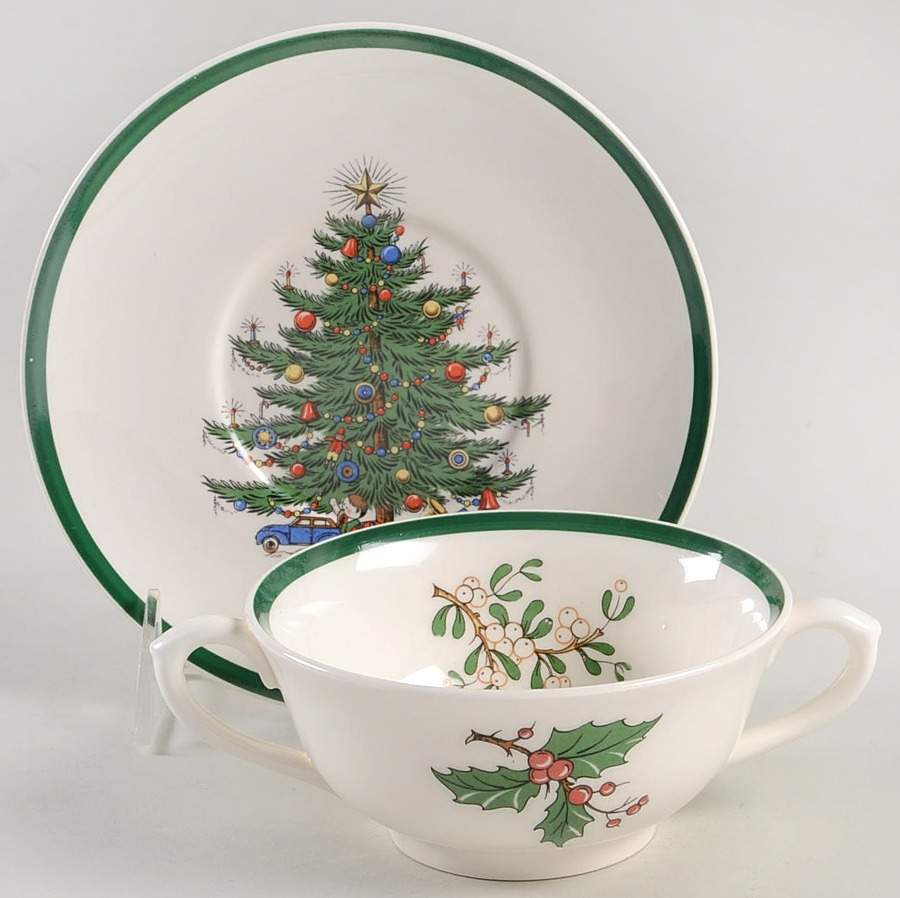 Christmas Tree Footed Cream Soup Bowl & Saucer Set by Plummer (NY)-1