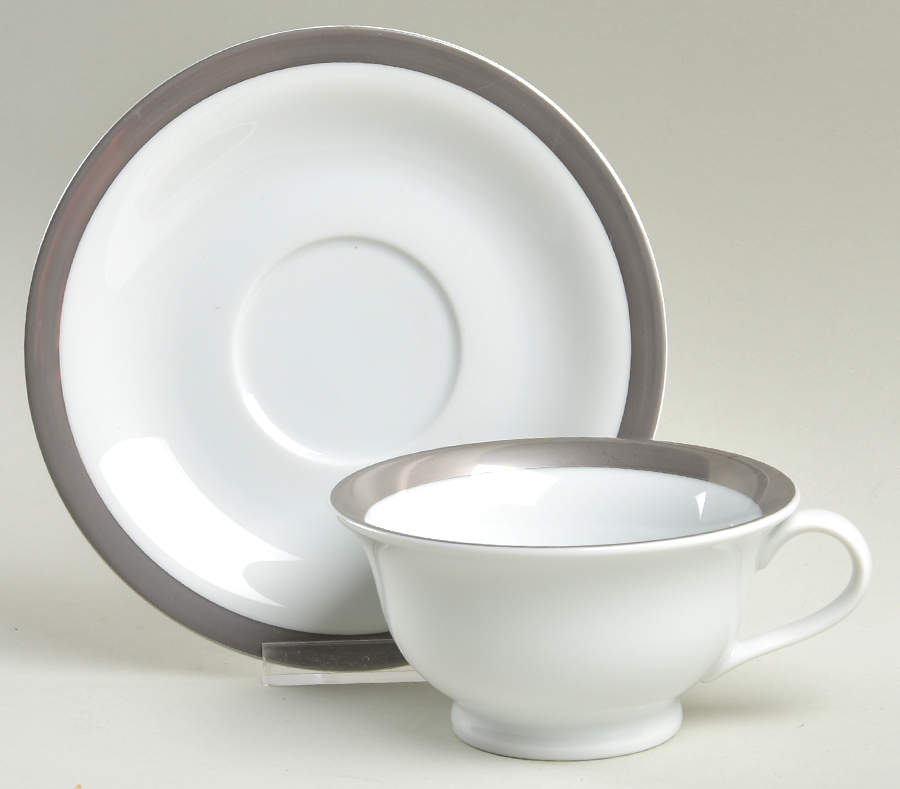 Cosmopolitan (Silver Band) Footed Cup & Saucer Set by Pottery Barn China-1
