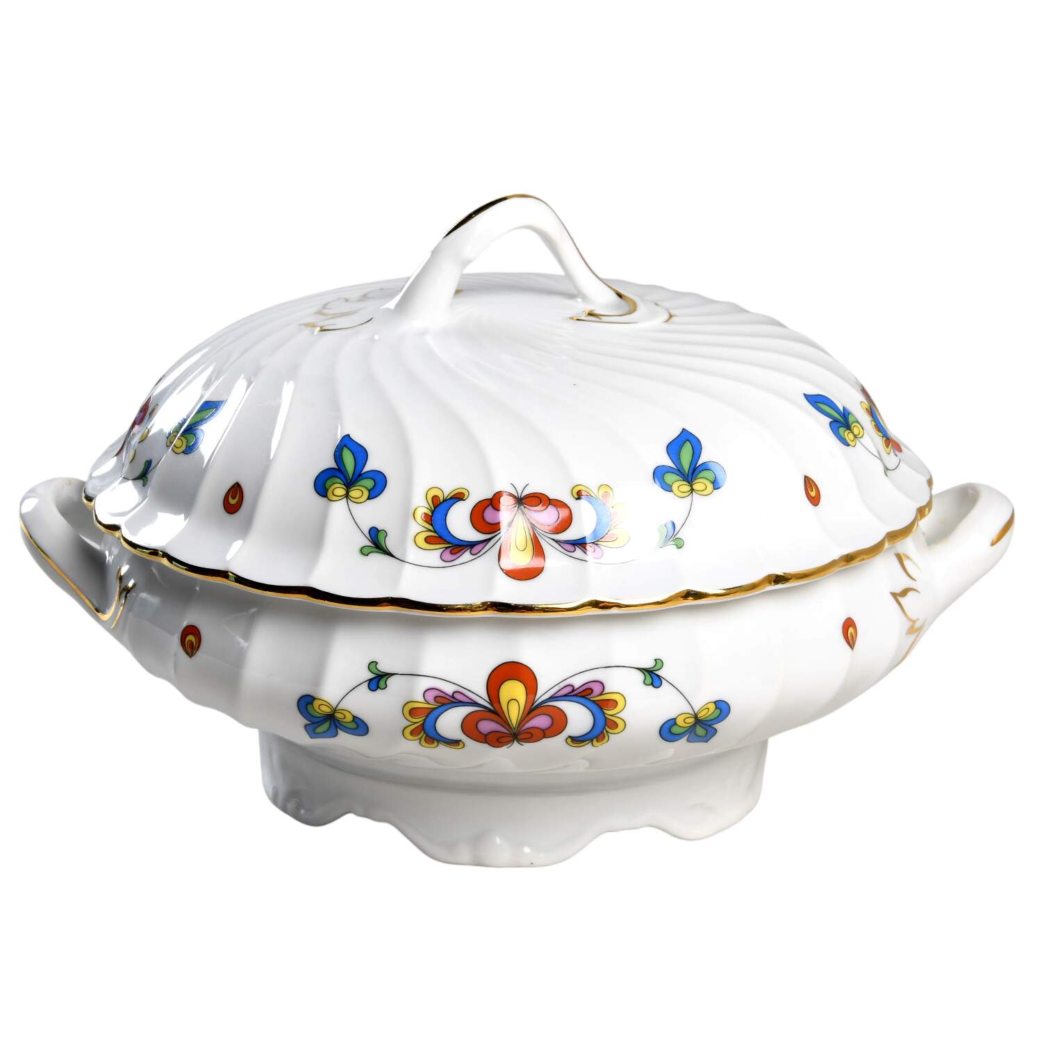 Farmer's Rose (Swirl, Gold Trim) Round Covered Vegetable by Porsgrund-1