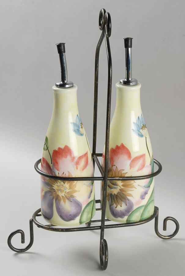Flower Market 2 Oil/Vinegars Jars-Drizzle Spouts in Metal Holder by Pfaltzgraff-1