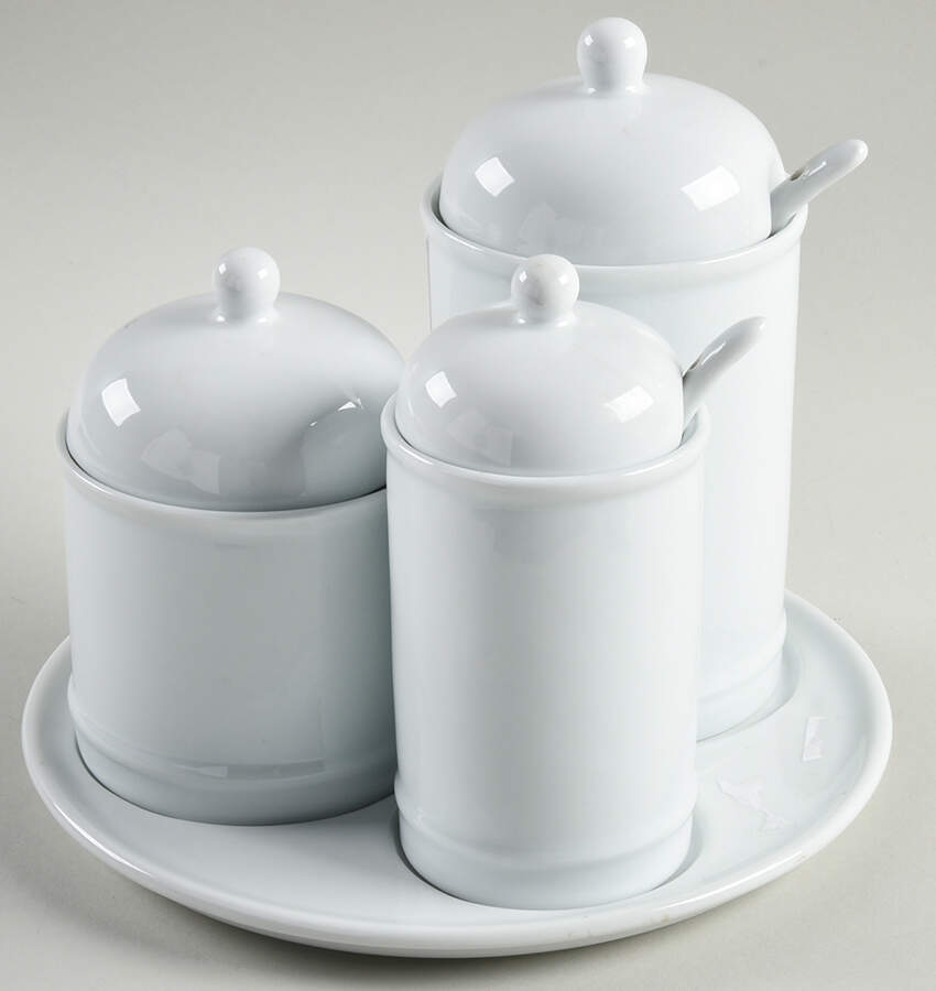 Great White Collection (Rim Shape) 10pc Condiment Set (3 Condiment Jar's & Spoon W/Tray) by Pottery Barn China-1