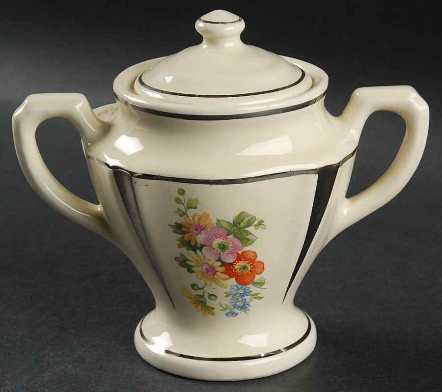 Reverse Field Flowers Platinum Sugar Bowl & Lid by Porcelier-1