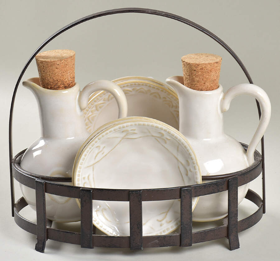 Juliette 9 Piece Dipping Set (Oil/Vinegar,Metal Stand & 4 Motif Dip Bowls) by Pottery Barn China-1