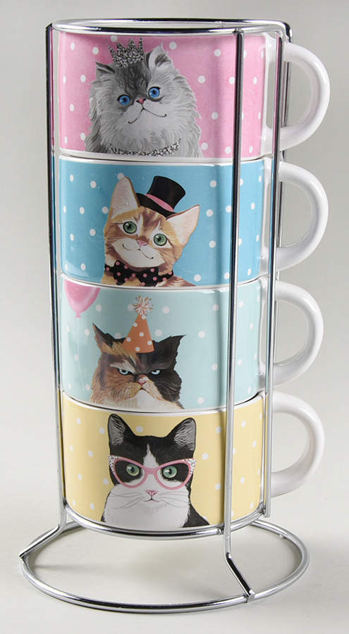 Party Cats Stackable Mug - Set of 4 & Metal Holder by Pier 1-1