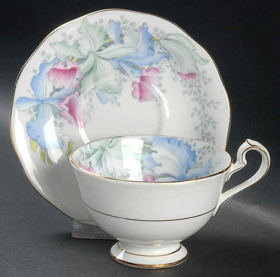 Orchids Footed Cup & Saucer Set by Queen Anne (England)-1