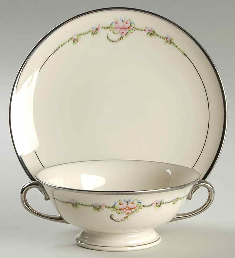 June Rose (Platinum Trim) Footed Cream Soup Bowl & Saucer Set by Ransgil-1