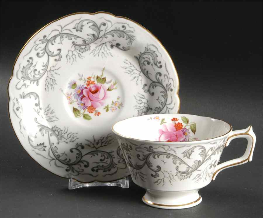 Grey Scroll Footed Cup & Saucer Set by Royal Crown Derby-1