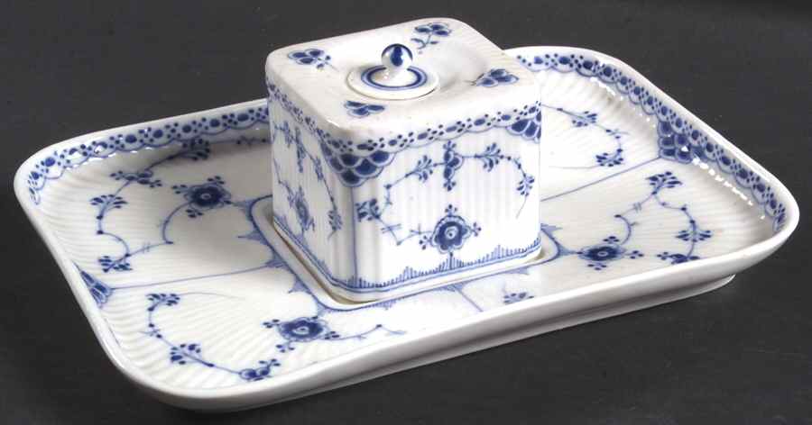 Blue Fluted Half Lace Border (No Trim) Ink Pot with Lid and Ink Underplate by Royal Copenhagen-1