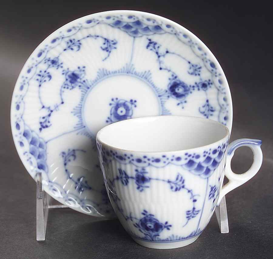 Blue Fluted Half Lace Border (No Trim) Flat Demitasse Cup & Saucer Set by Royal Copenhagen-1