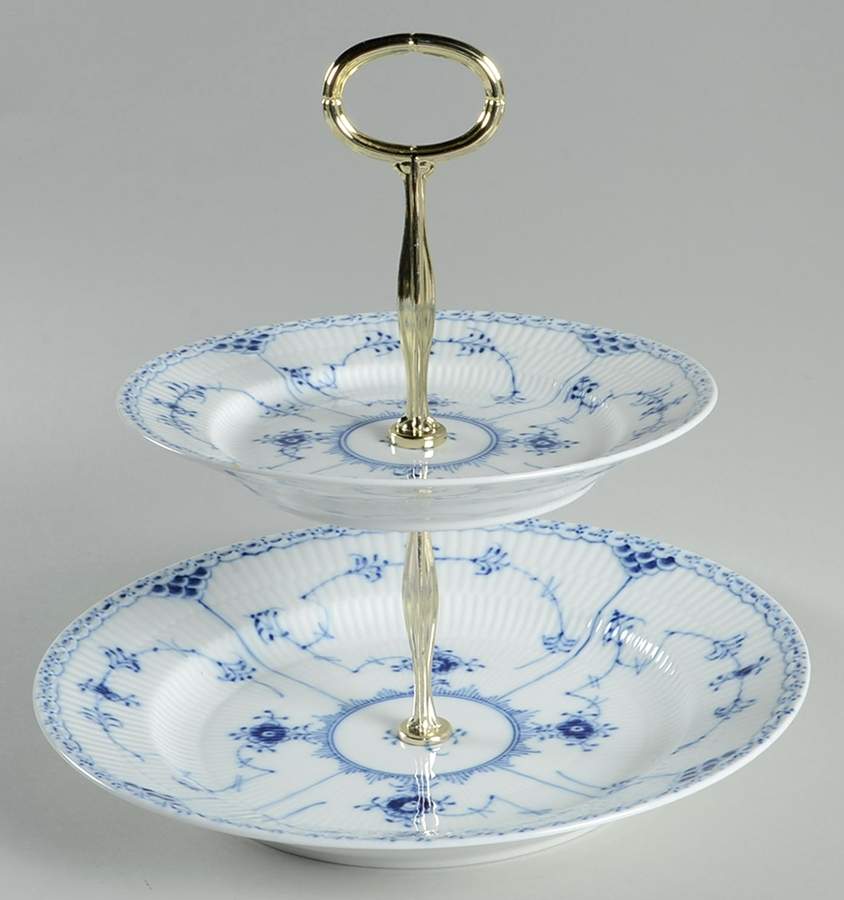 Blue Fluted Half Lace Border (No Trim) 6 5/8"-10"  2 Tiered Serving Tray (Dp, Sp) HC by Royal Copenhagen-1