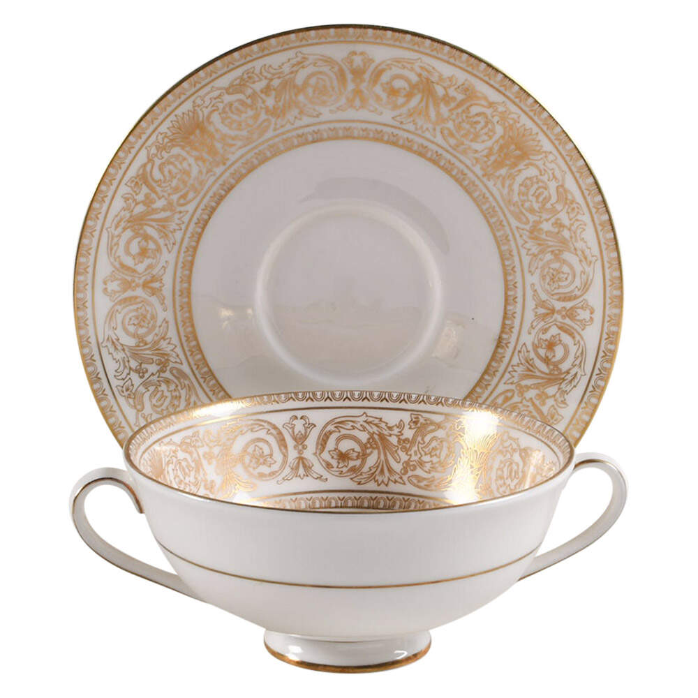 Sovereign (Gold Scroll and Leaf Rim) Footed Cream Soup Bowl & Cup Saucer by Royal Doulton-1