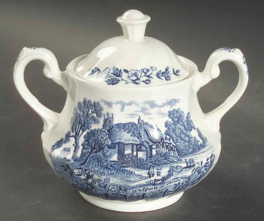 Shakespeare Country Blue Sugar Bowl & Lid by Royal Essex-1