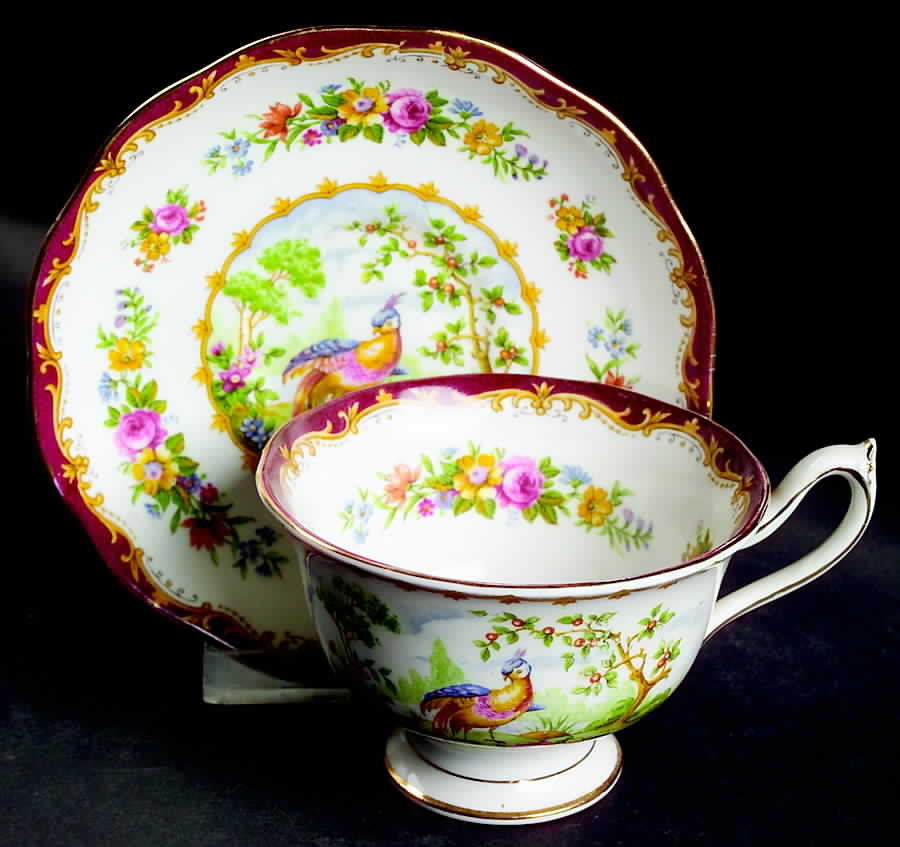 Chelsea Bird Maroon Footed Cup & Saucer Set by Royal Albert-1